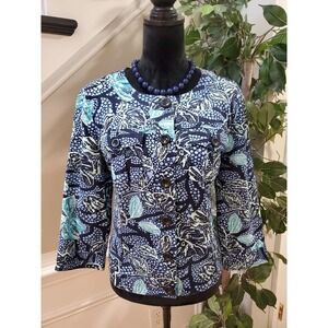 Character Club Womens Blue Floral Cotton Long Sleeve Button Down Jacket Sz Large